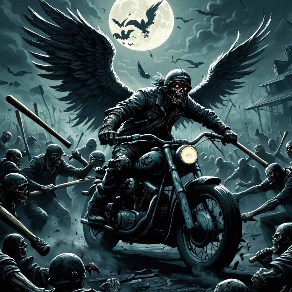 Angel Motorcyclist vs Zombie Horde in Dark Fantasy