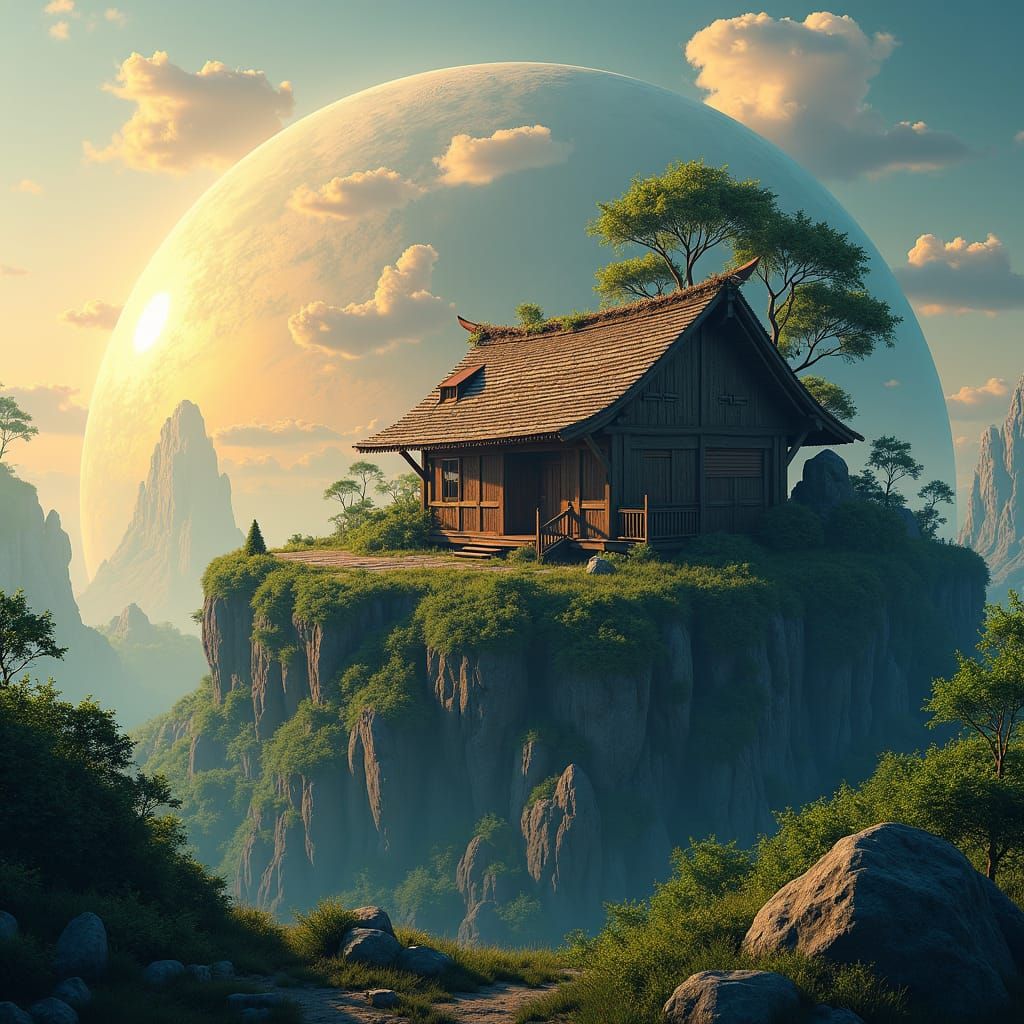 Wooden Hut in Global Landscape as Matte Painting