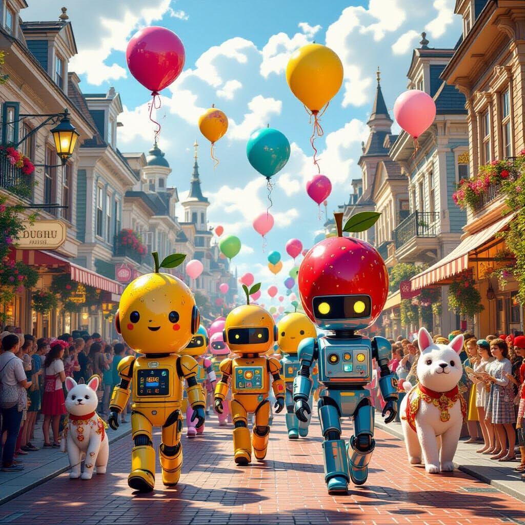 Whimsical Parade with Fruit Hats and Robots in 3D Style