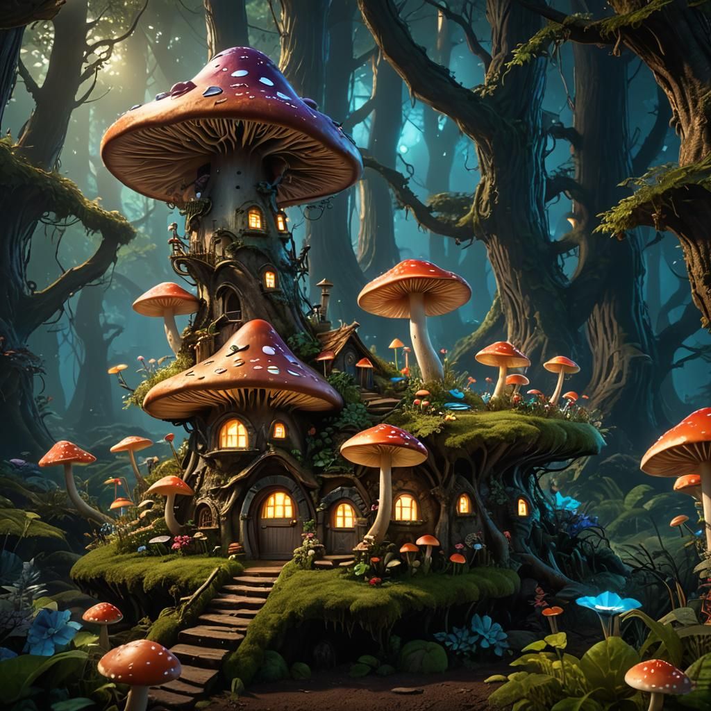 Enchanted Bioluminescent Forest: Fairy Mushroom House