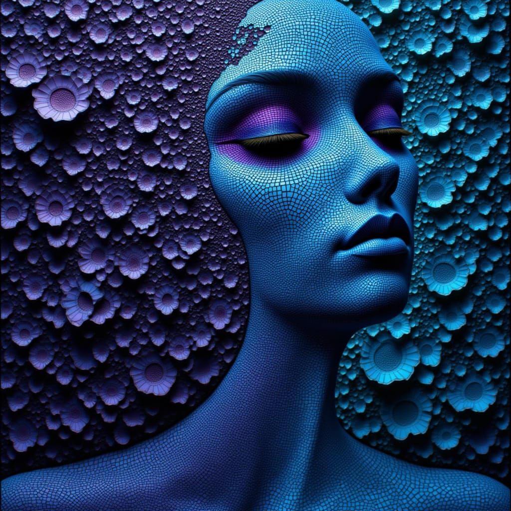 Surreal Self-Portrait with 3D Textured Layers in Blue and Pu...