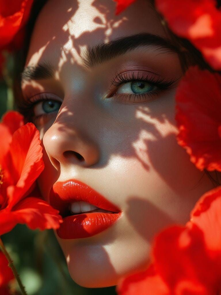 Hyperrealistic Woman with Poppies, a Pop Art Portrait