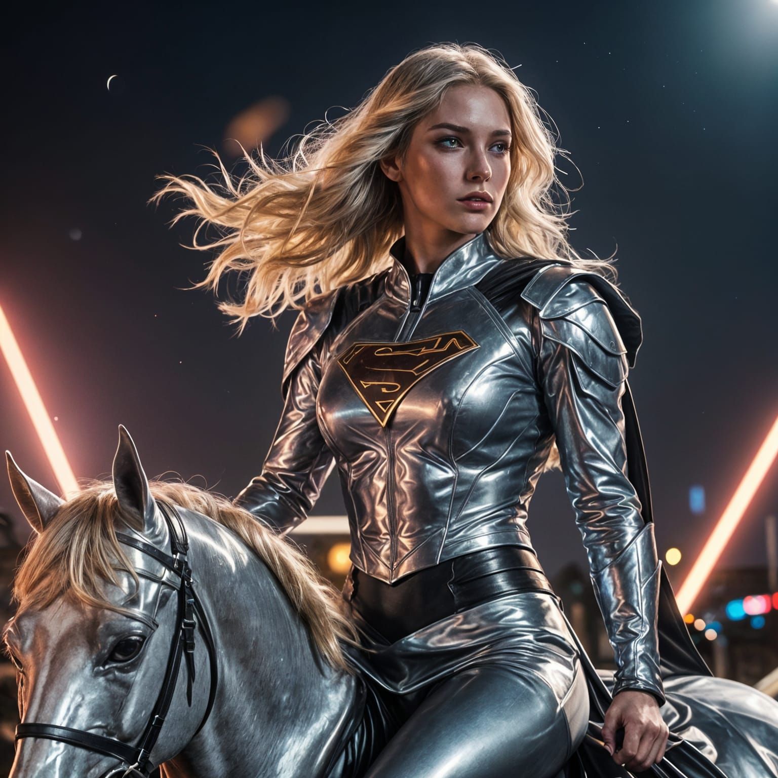 Supergirl Rides Horse on Beach in Synthwave Style