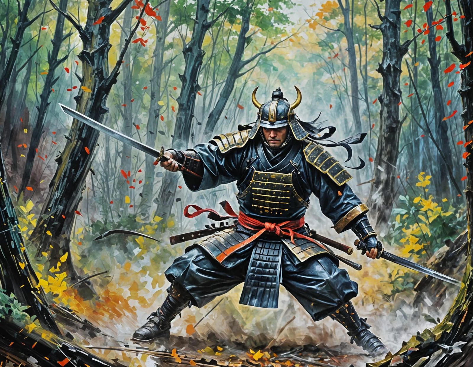 Armored Samurai Katana in Impasto Abstract Style