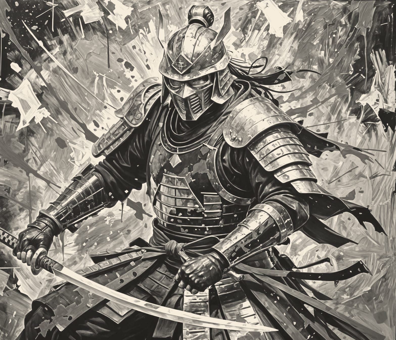 Armored Samurai with Katana as Impasto Painting