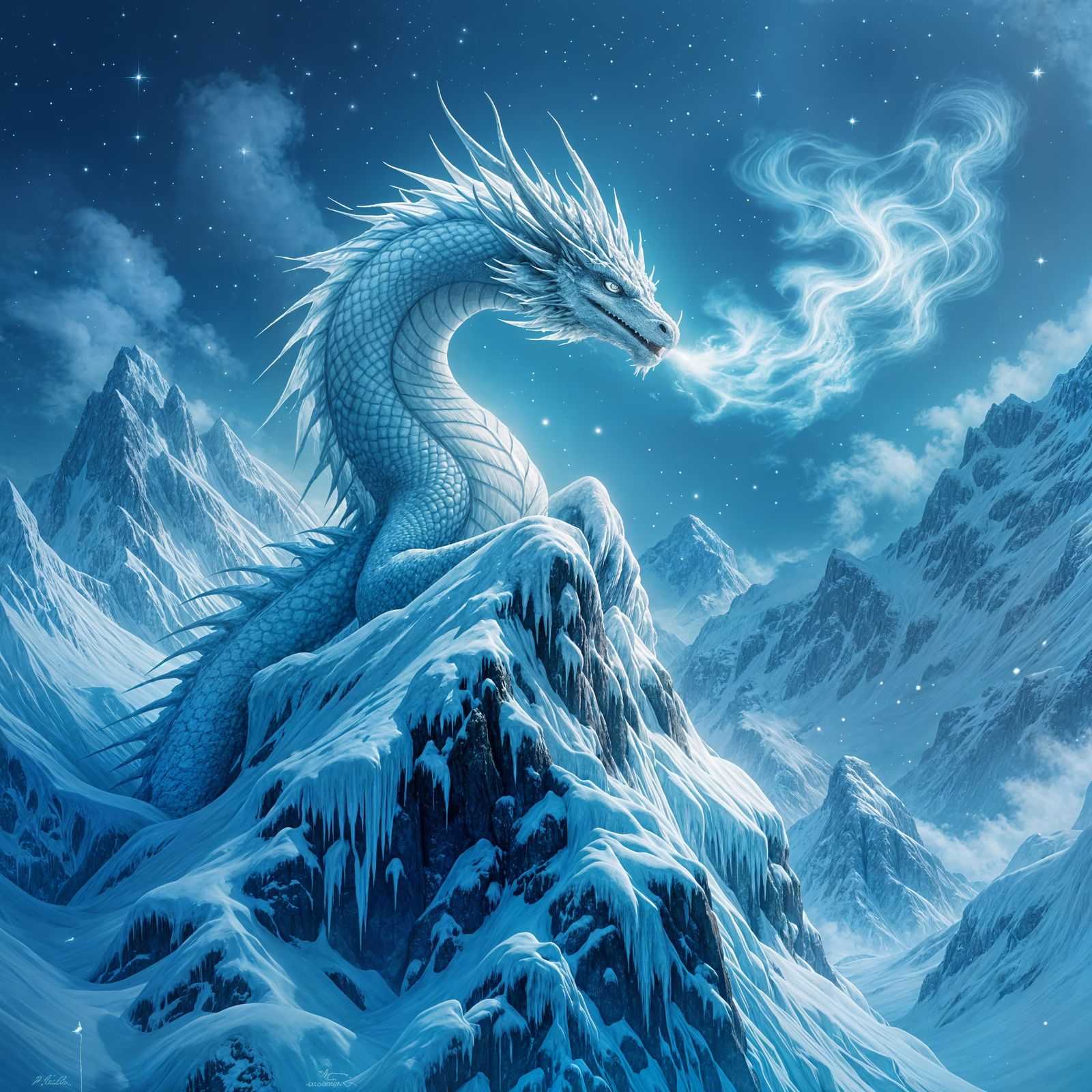 Majestic Ice Dragon on Crystalline Peak in Epic Fantasy Styl...