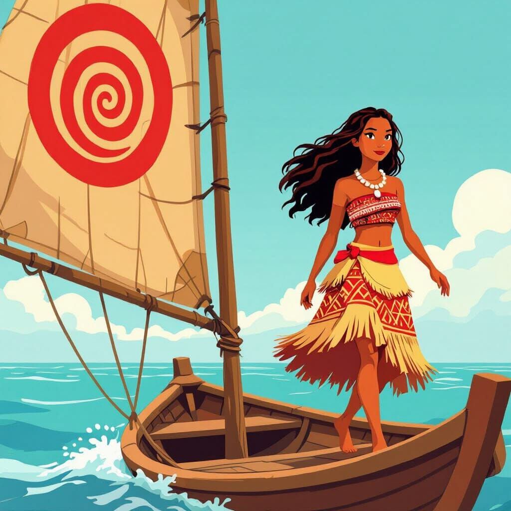 Polynesian Woman Steps Off Sailboat in Flat Cartoon Style