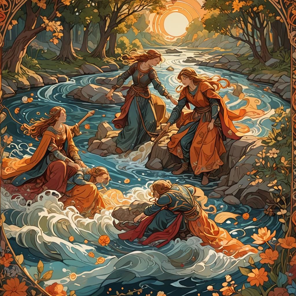Medieval Tapestry Washed in River, Art Nouveau Style
