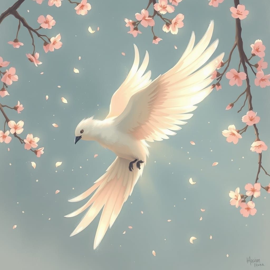 Ethereal Bird Embodies Impermanence Amidst Cherry Blossoms