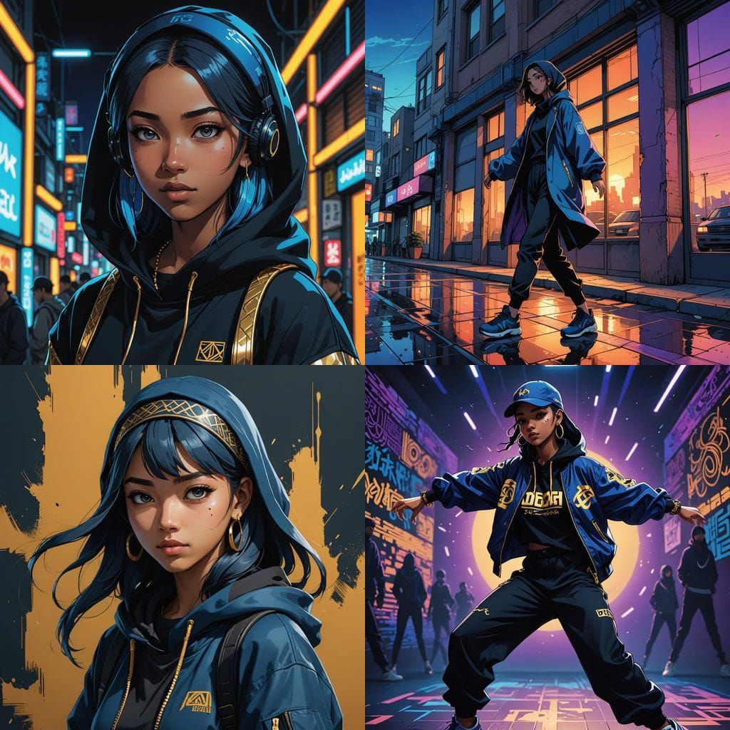 Teenage Muslim Girl in Hip-Hop Attire, Anime-Inspired