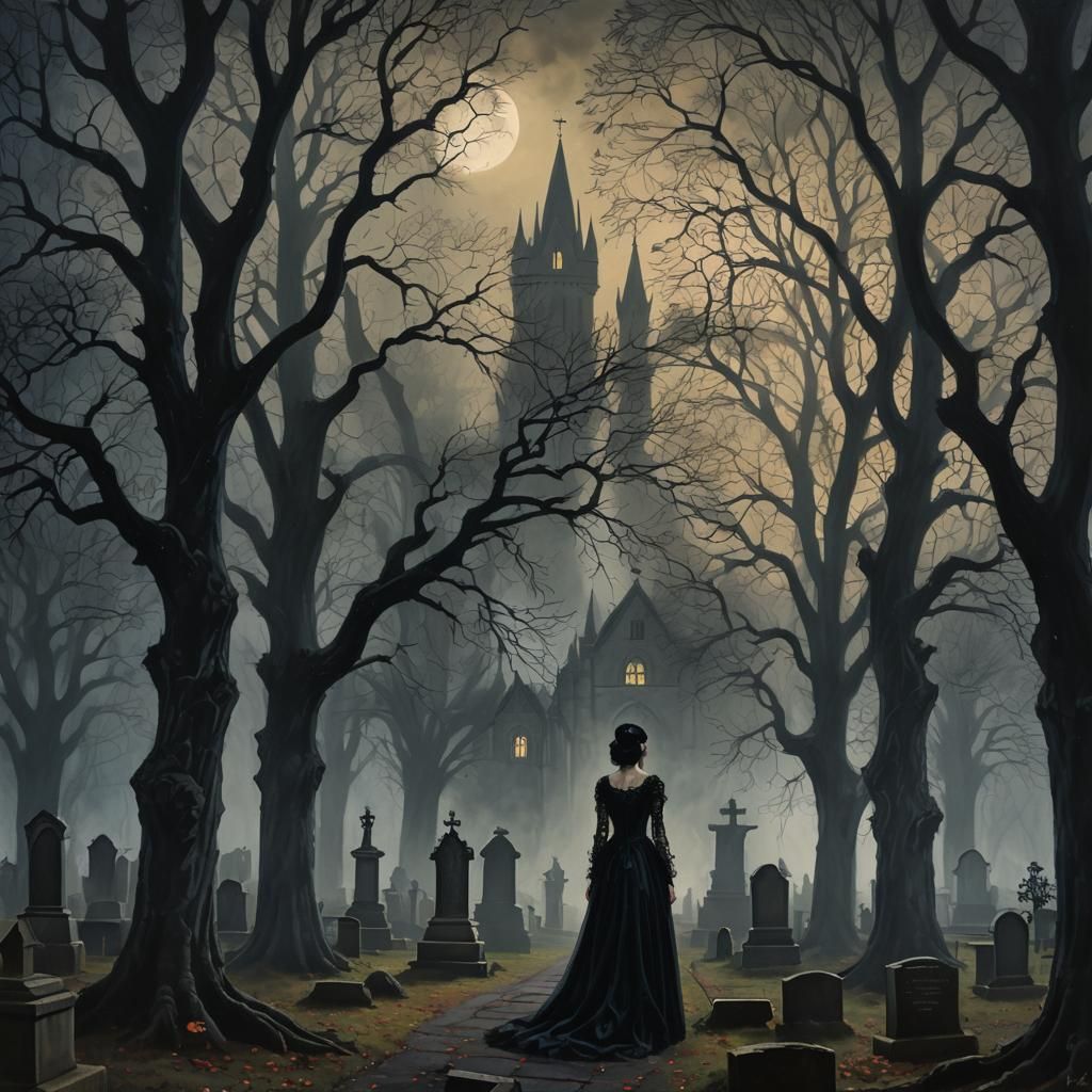 Gothic Girl in Graveyard, Oil Painting Style