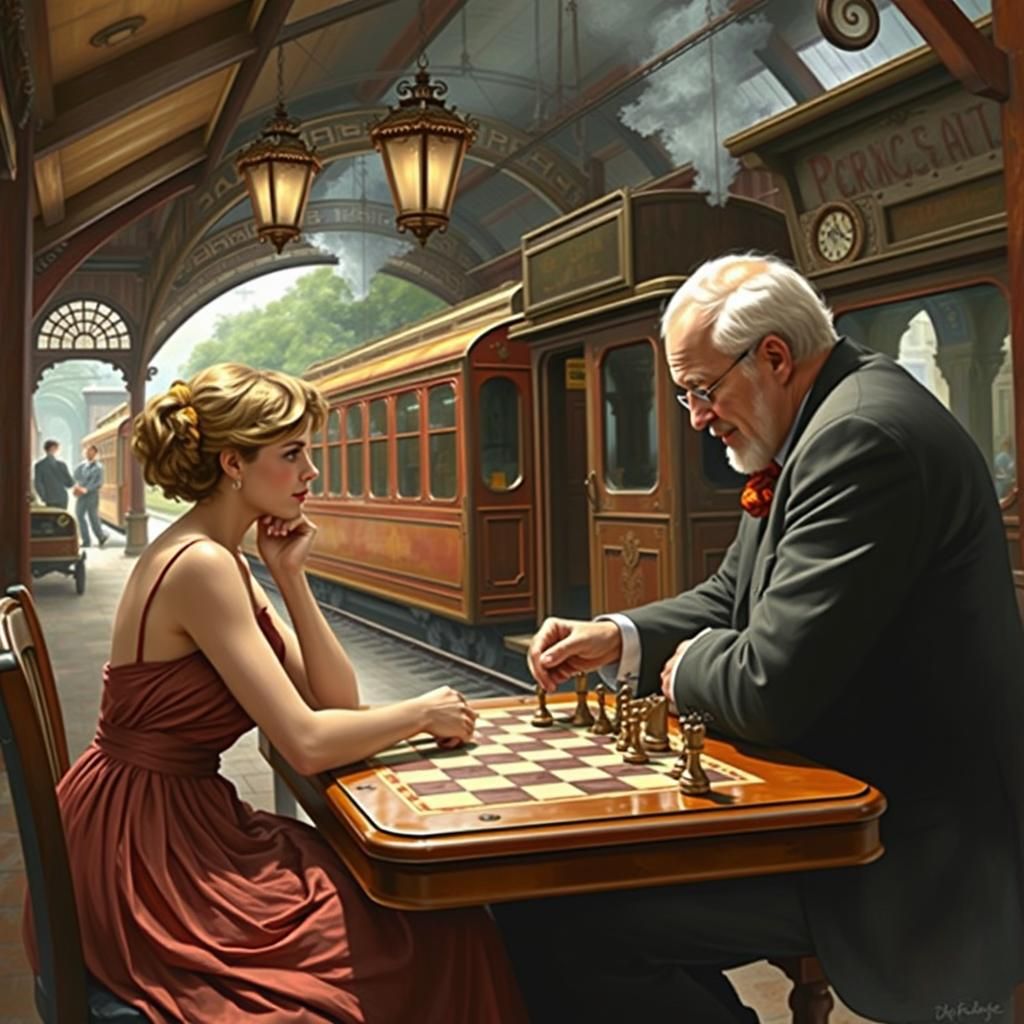 Chess Game in Vintage Station: Luminist Painting