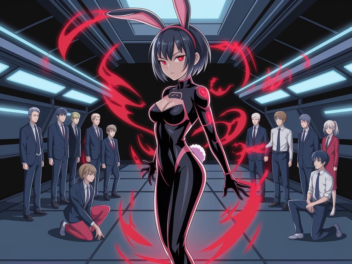 Evil Anime Rabbit Woman in Spaceship, People Kneel