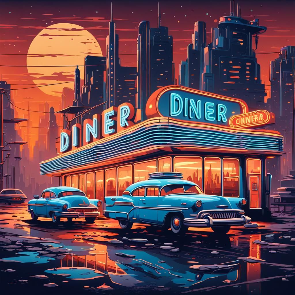 Retro-Futuristic Diner in Ruined Galactic Metropolis
