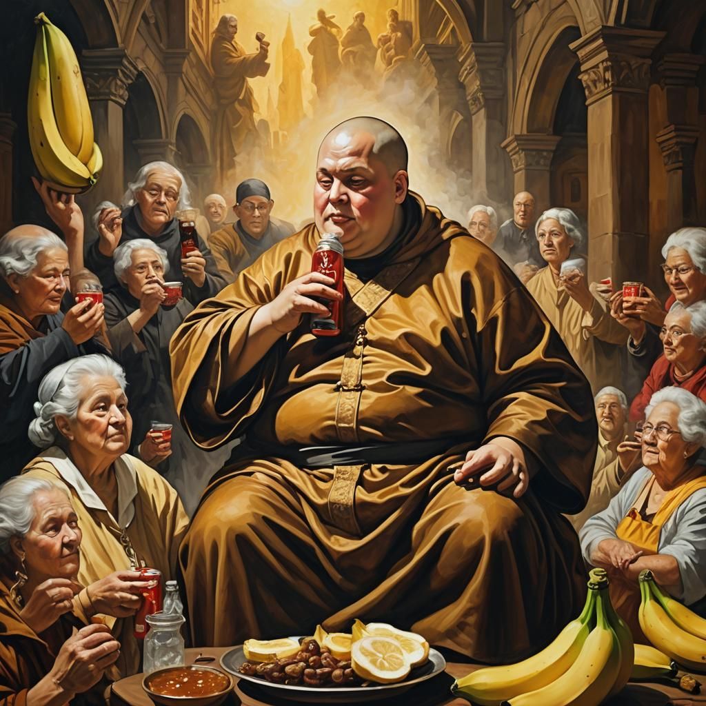 Monk on Banana: A Baroque Oil Painting Masterpiece