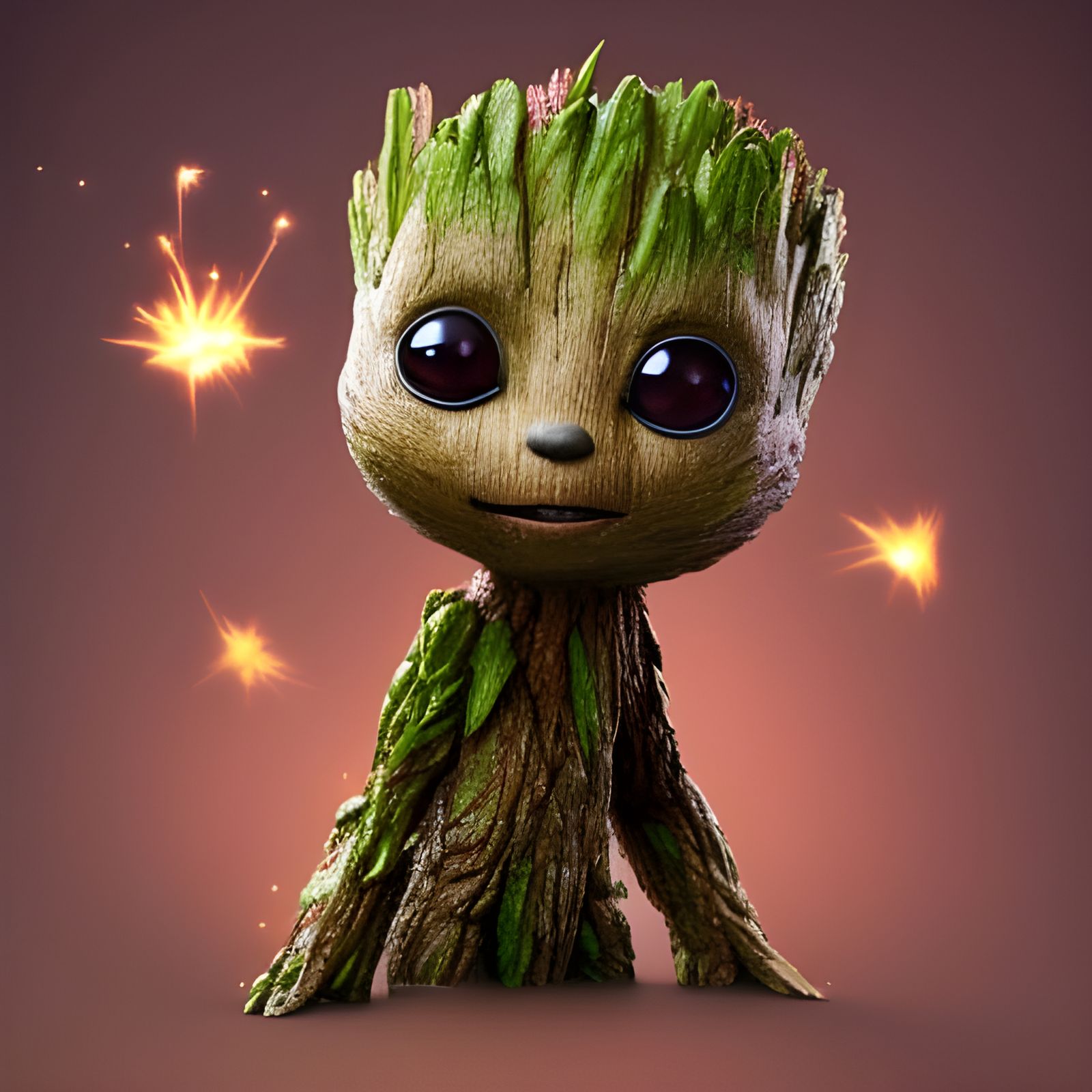 Adorable Chibi Groot with Sparks in Digital Art Style