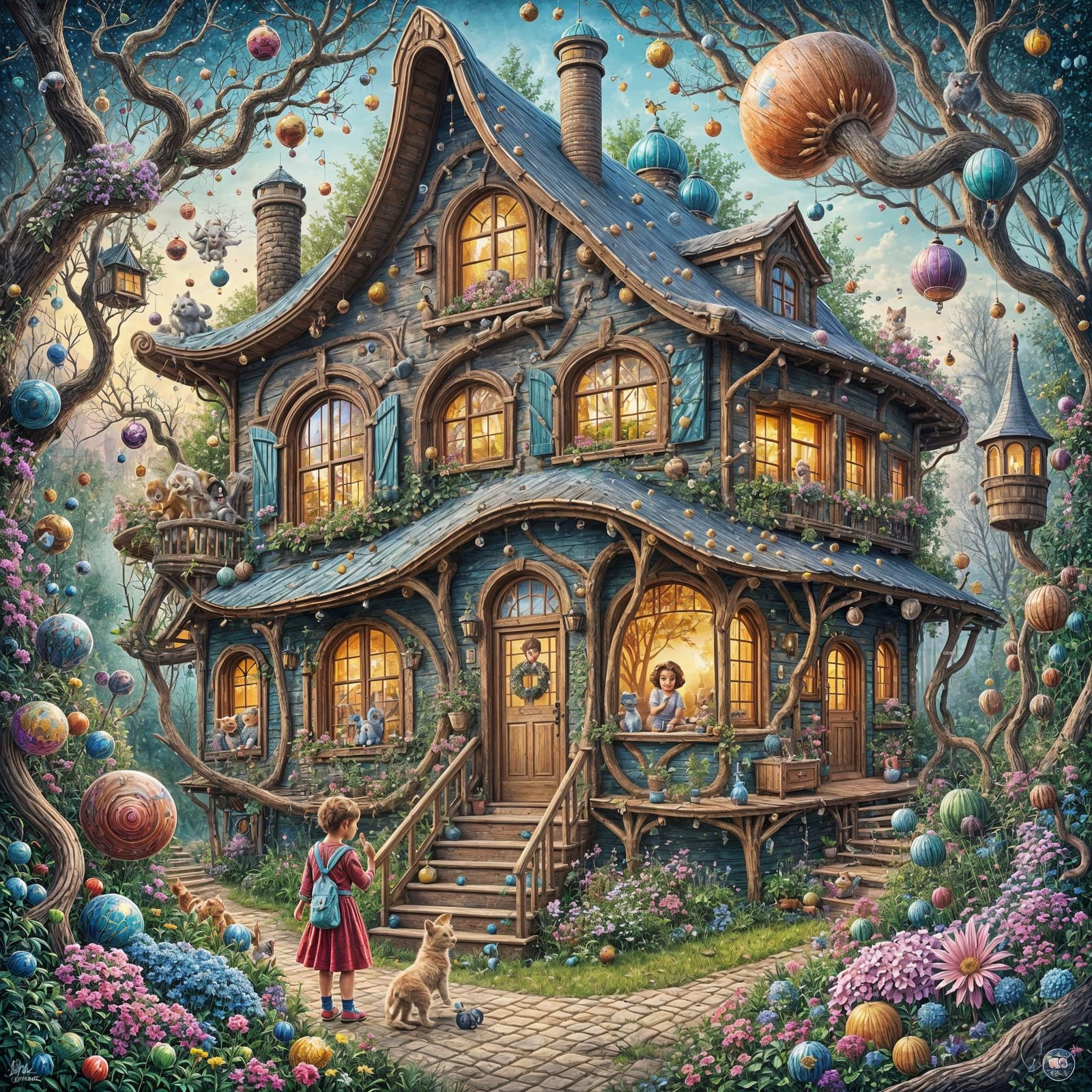 Whimsical Oil Painting Comic Scene of Joyful Pets and Grandm...