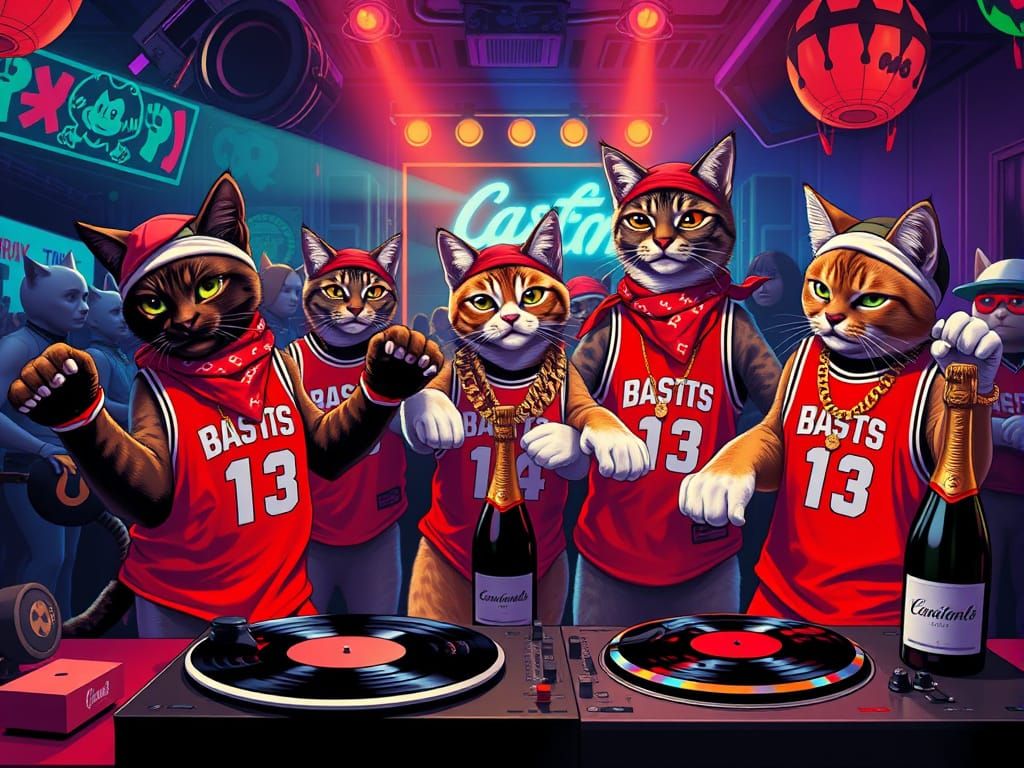 Cats' Nightclub Scene in Graffiti Style