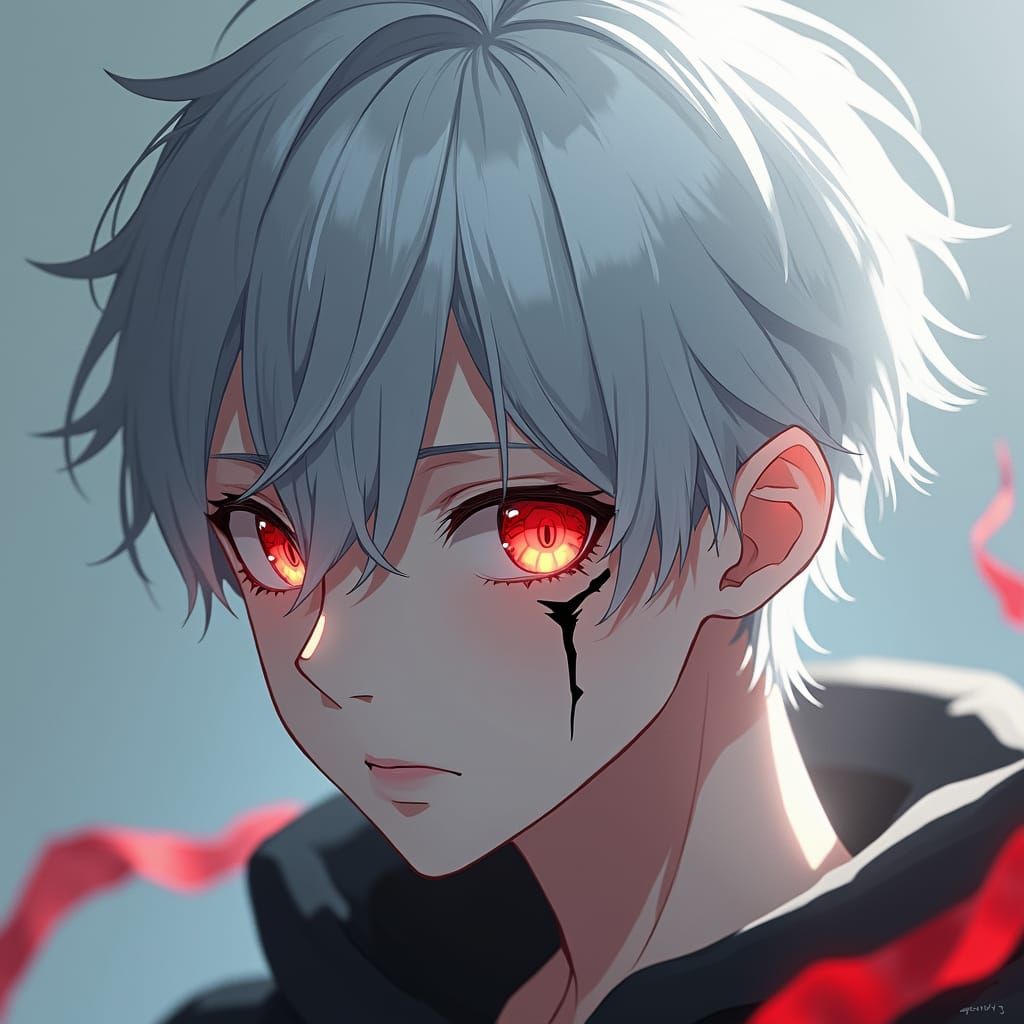 Anime Male with Red Eyes and White Hair