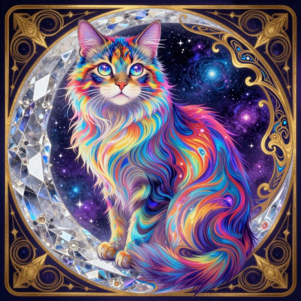 Psychedelic Cat with Astral Eyes on Crystalline Moon