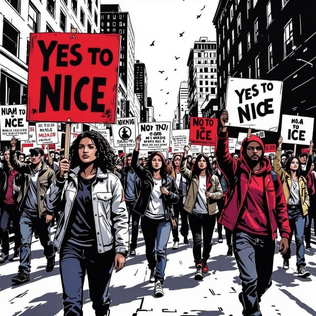 Graphic novel style. Medium shot. A diverse group of people peacefully protesting for social justice, YES TO NICE holdin...