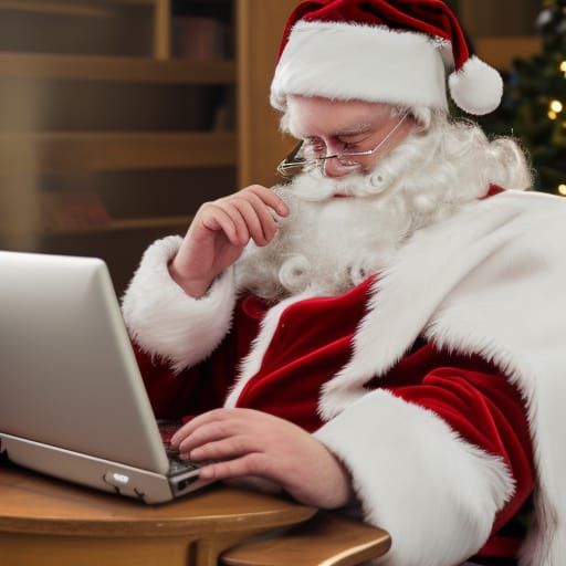 Santa Claus Working on Laptop at North Pole