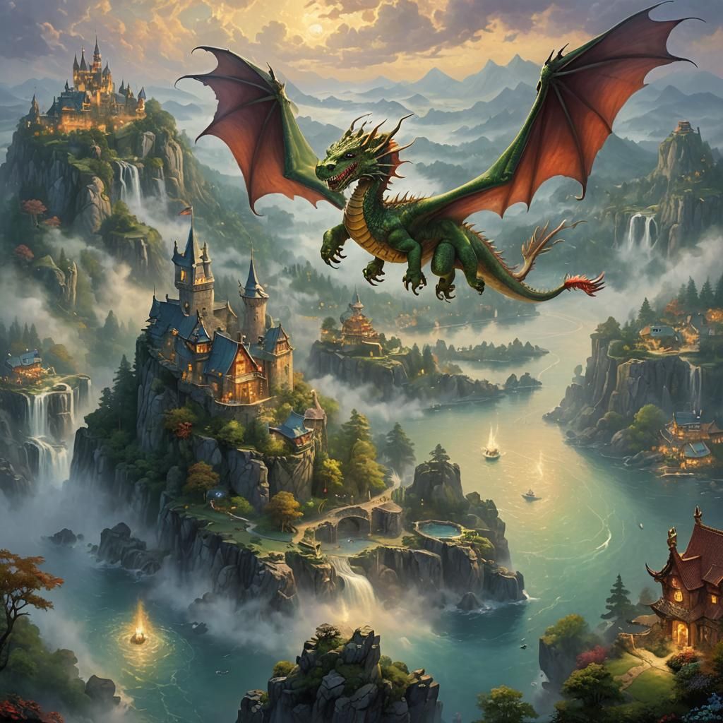 Dragon in Ethereal Flight Over Misty Island