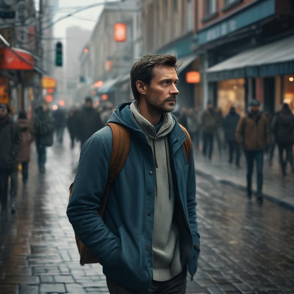 Man Walks on Busy Street: Hyper-realistic Digital Art