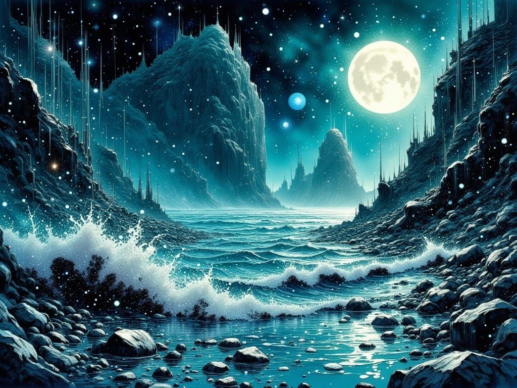 Ethereal Medieval Seashore Nightscape in Abstract Expression...