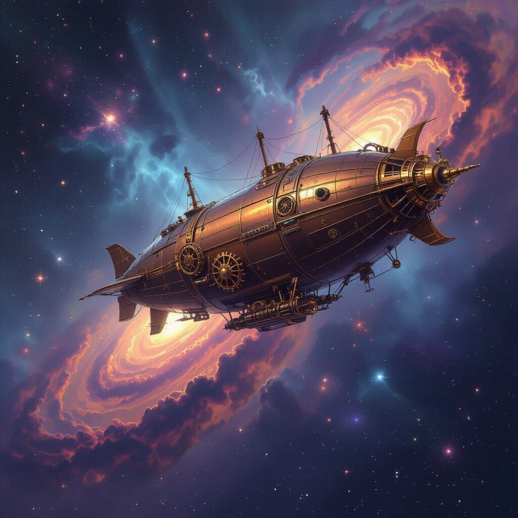 Steampunk Airship Drifting Through a Cosmic Nebula