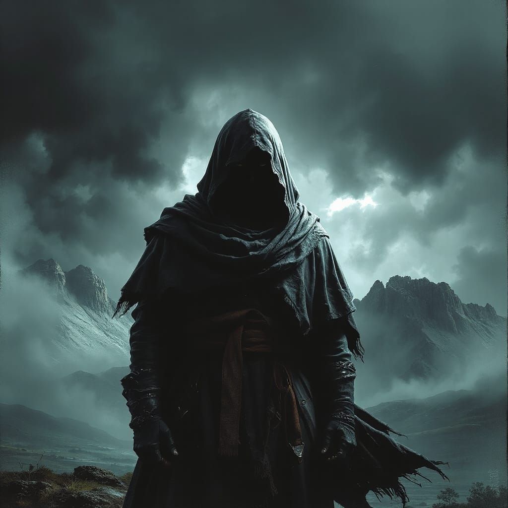 Dark Fantasy Rogue in Stormy Landscape