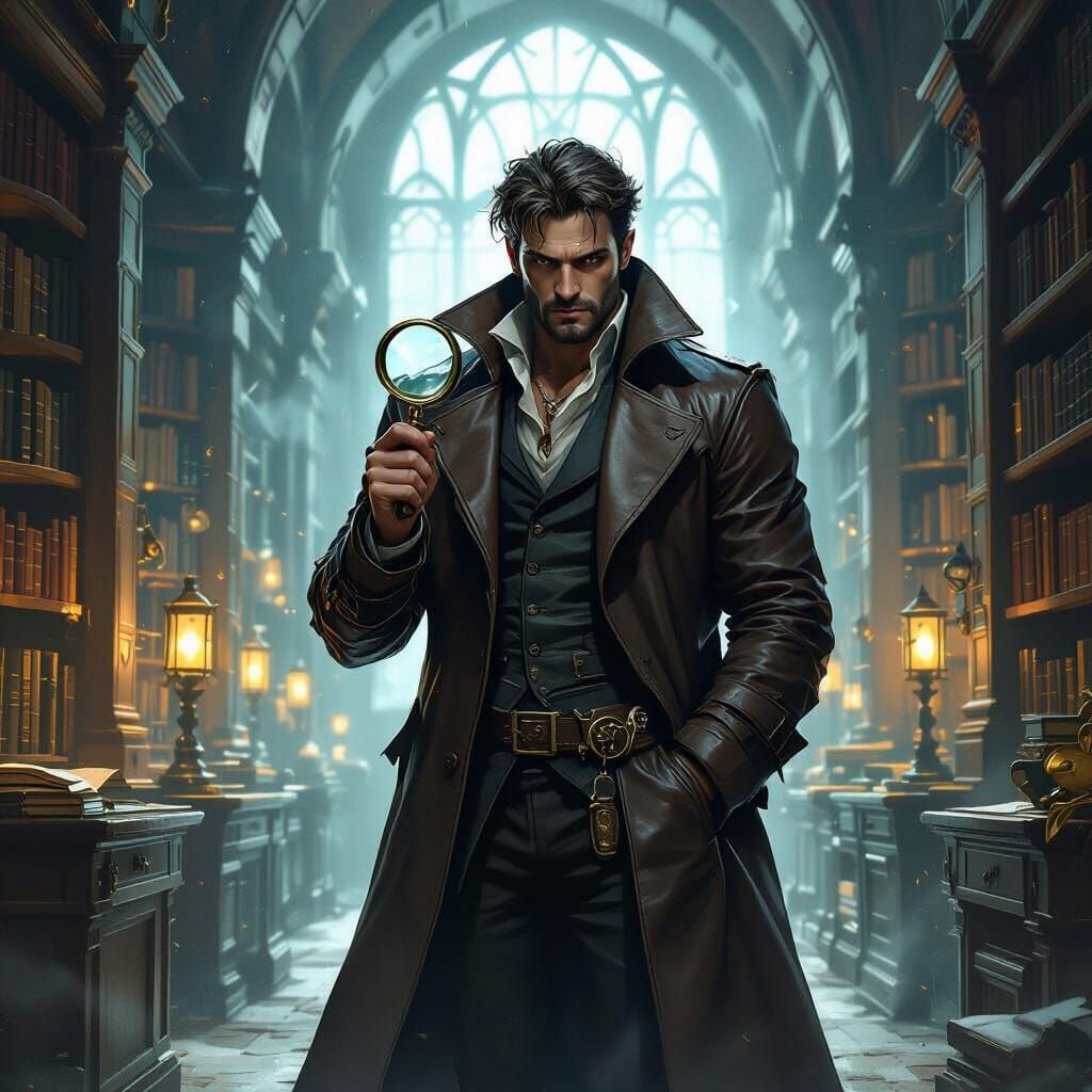 Dhampir Investigator in Mystical Library, Detailed Art