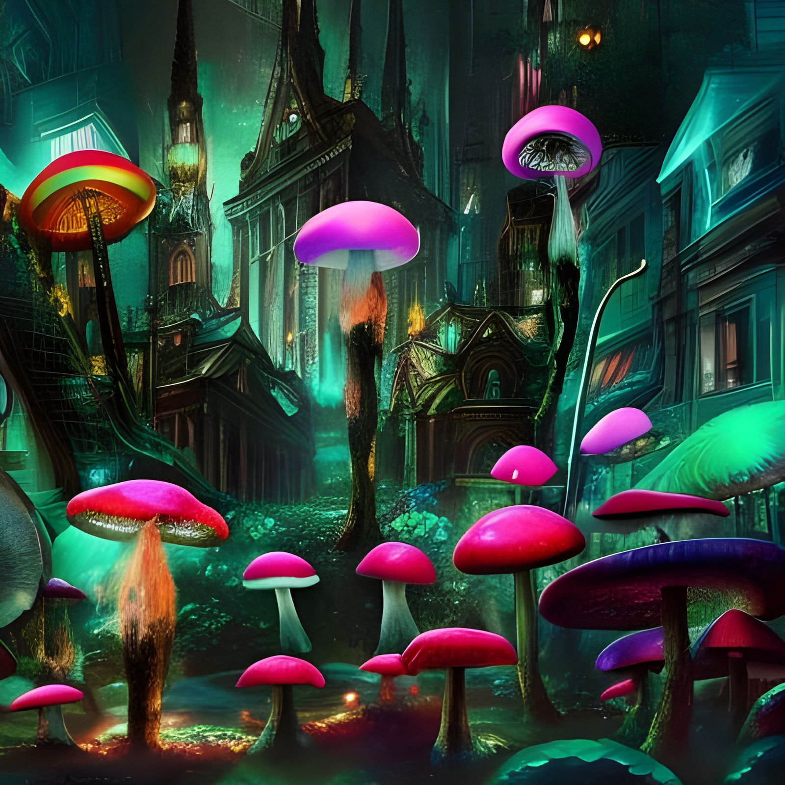 Neon Glitter Mushrooms: Epic Digital Matte Painting