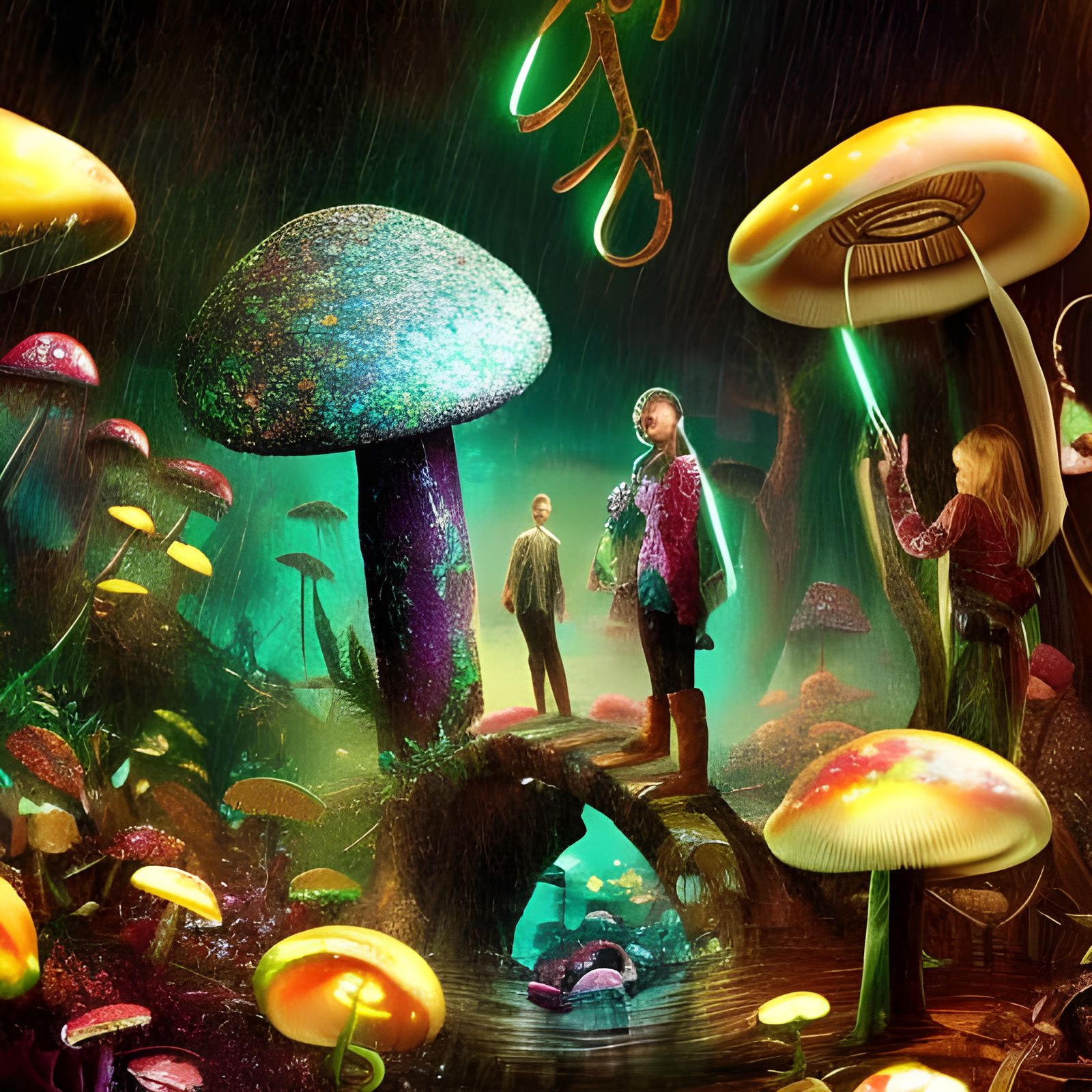 Neon Glitter Mushrooms in Digital Matte Painting
