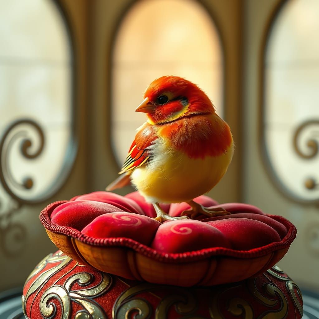 Red and Yellow Glass Chick on Velvet Cushion