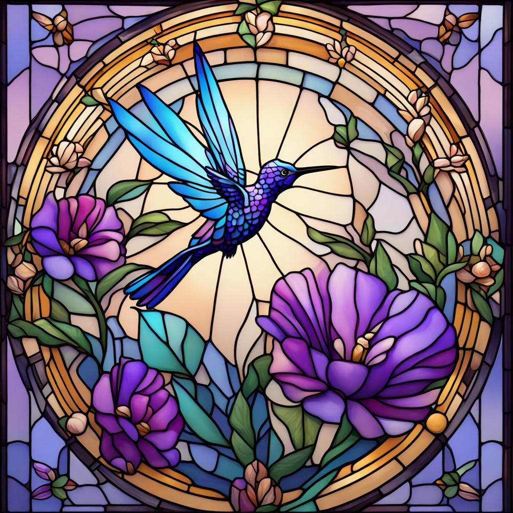 Stained Glass Hummingbird and Flower in Blue and Purple