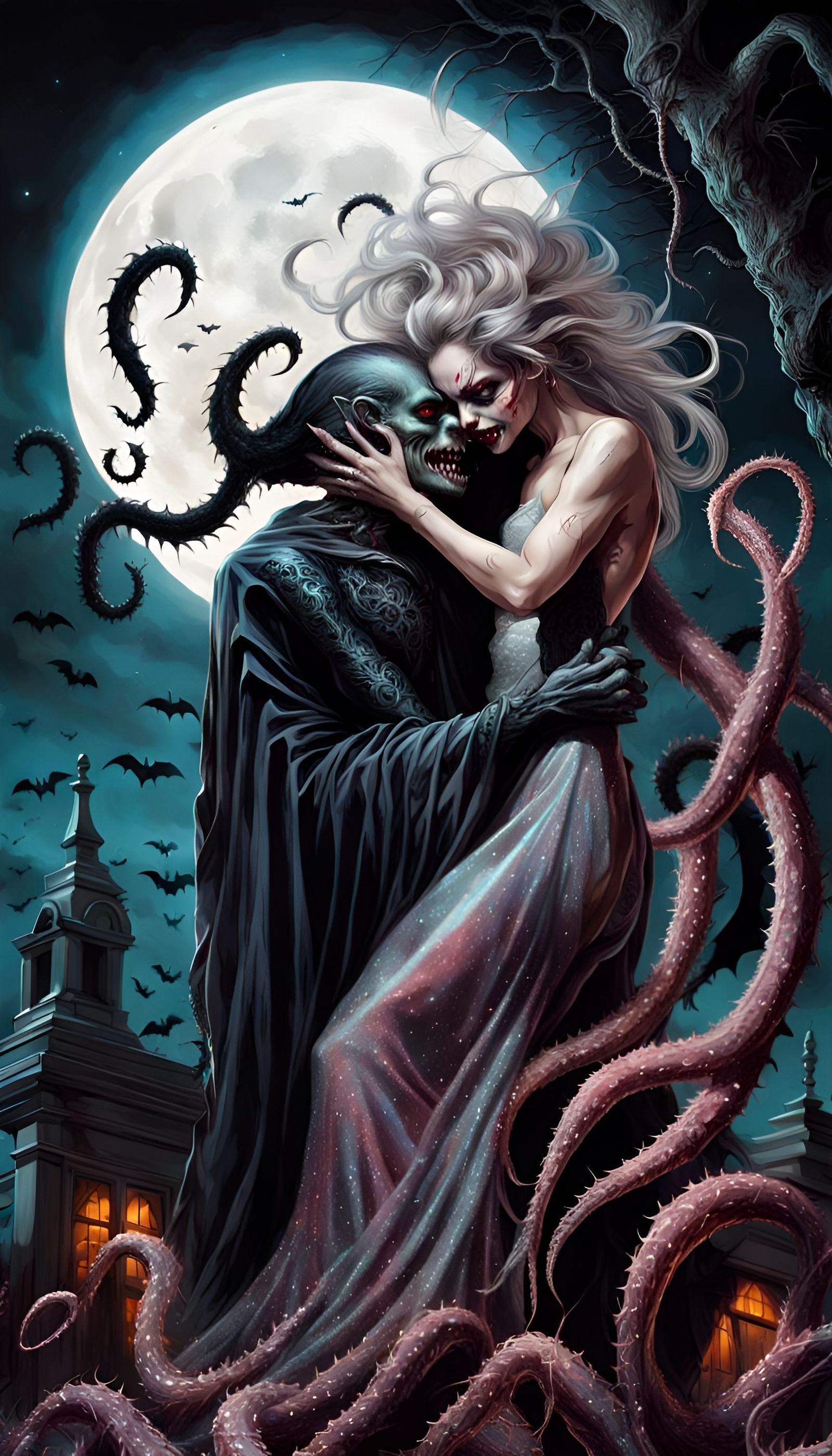 Terrifying Monster's Embrace in Cemetery: Expressionist Digi...