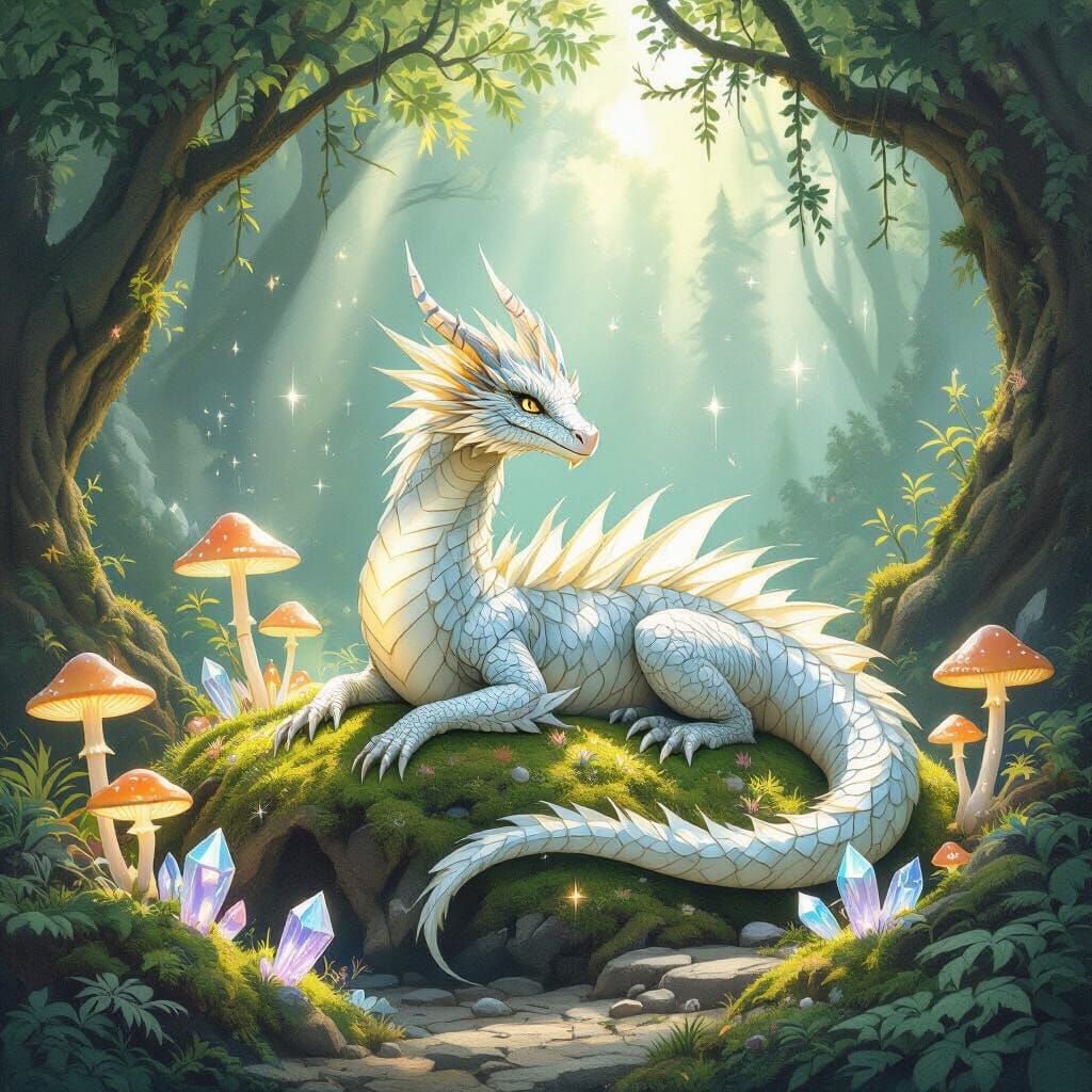 Crystal Dragon in Grotto: Arthur Rackham Style