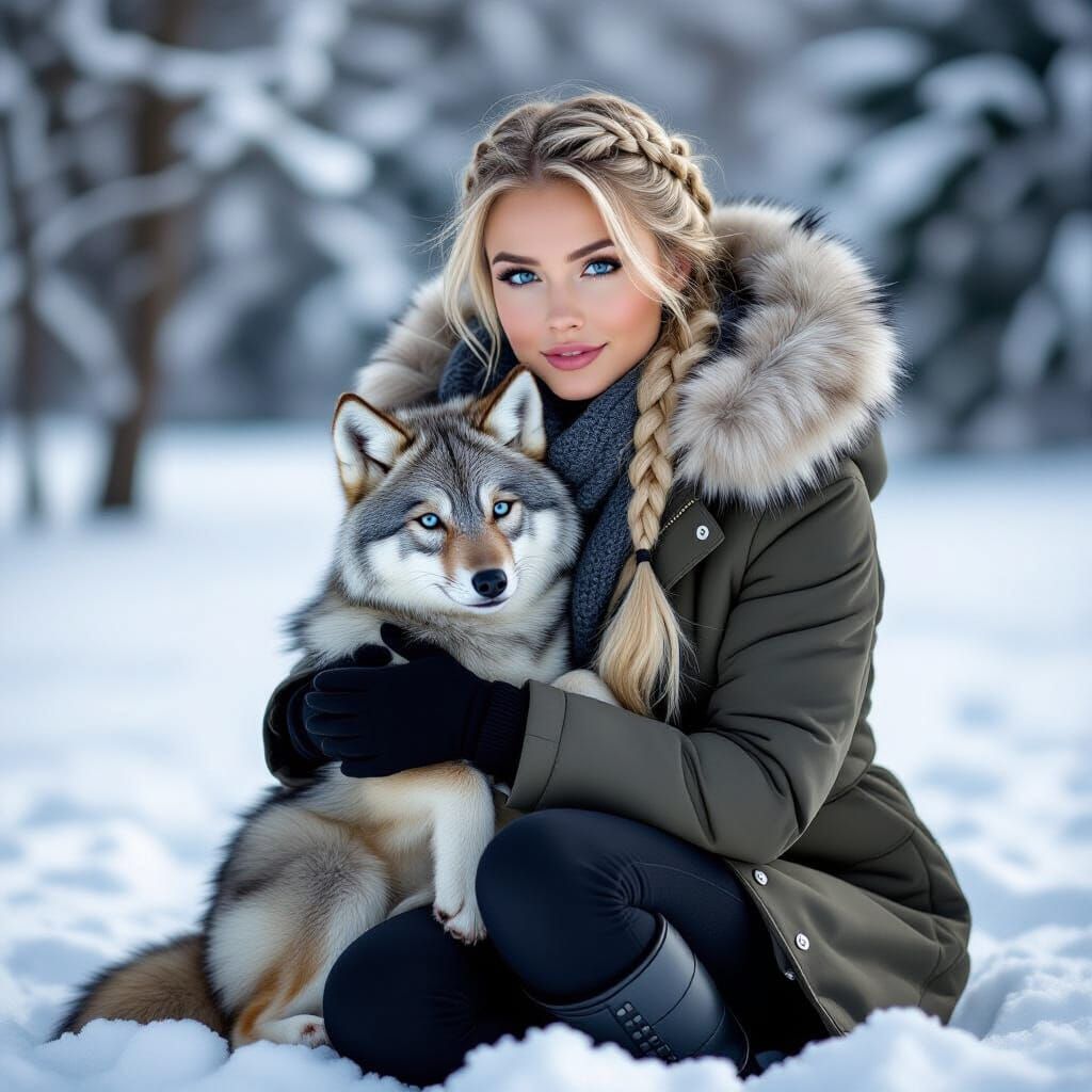 Woman Cradling Wolf Cub in Snowy Landscape