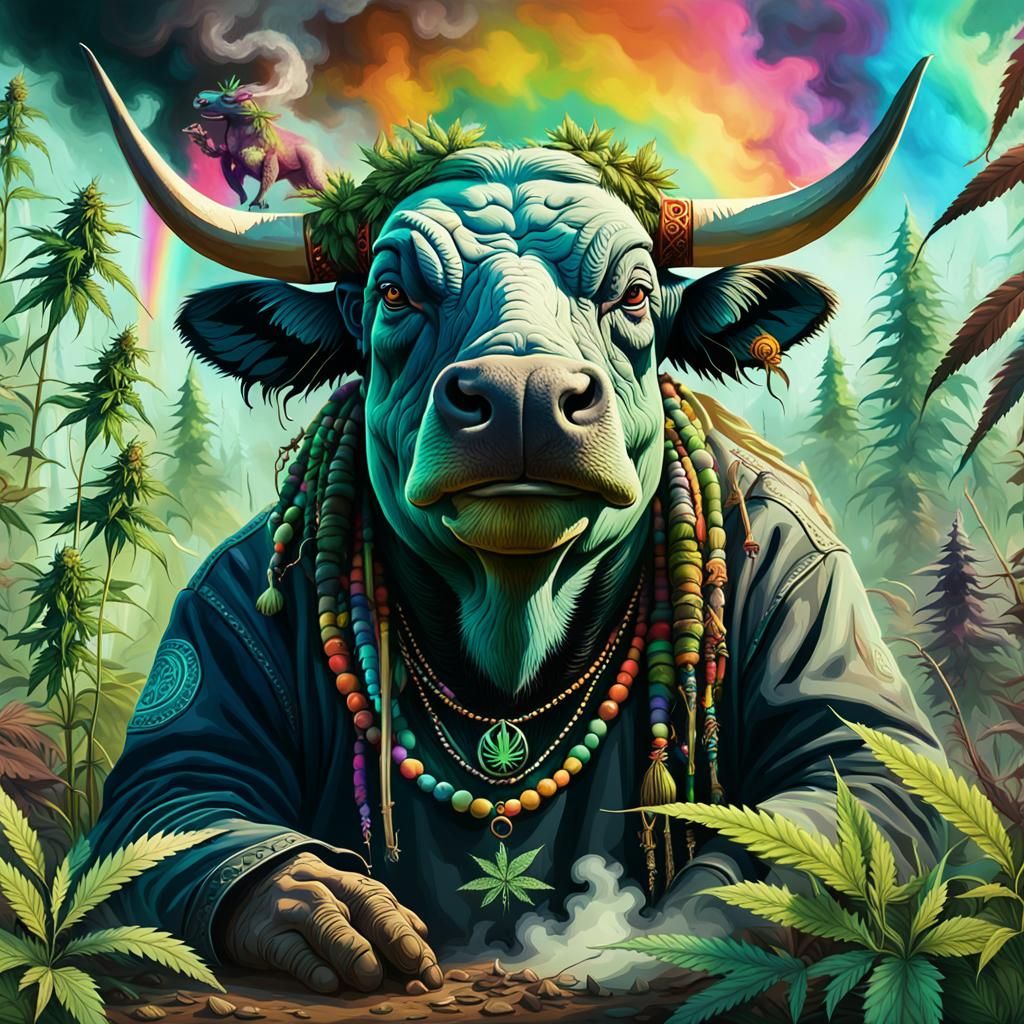 Psychedelic Bull in Cannabis Marsh: Vintage Photo