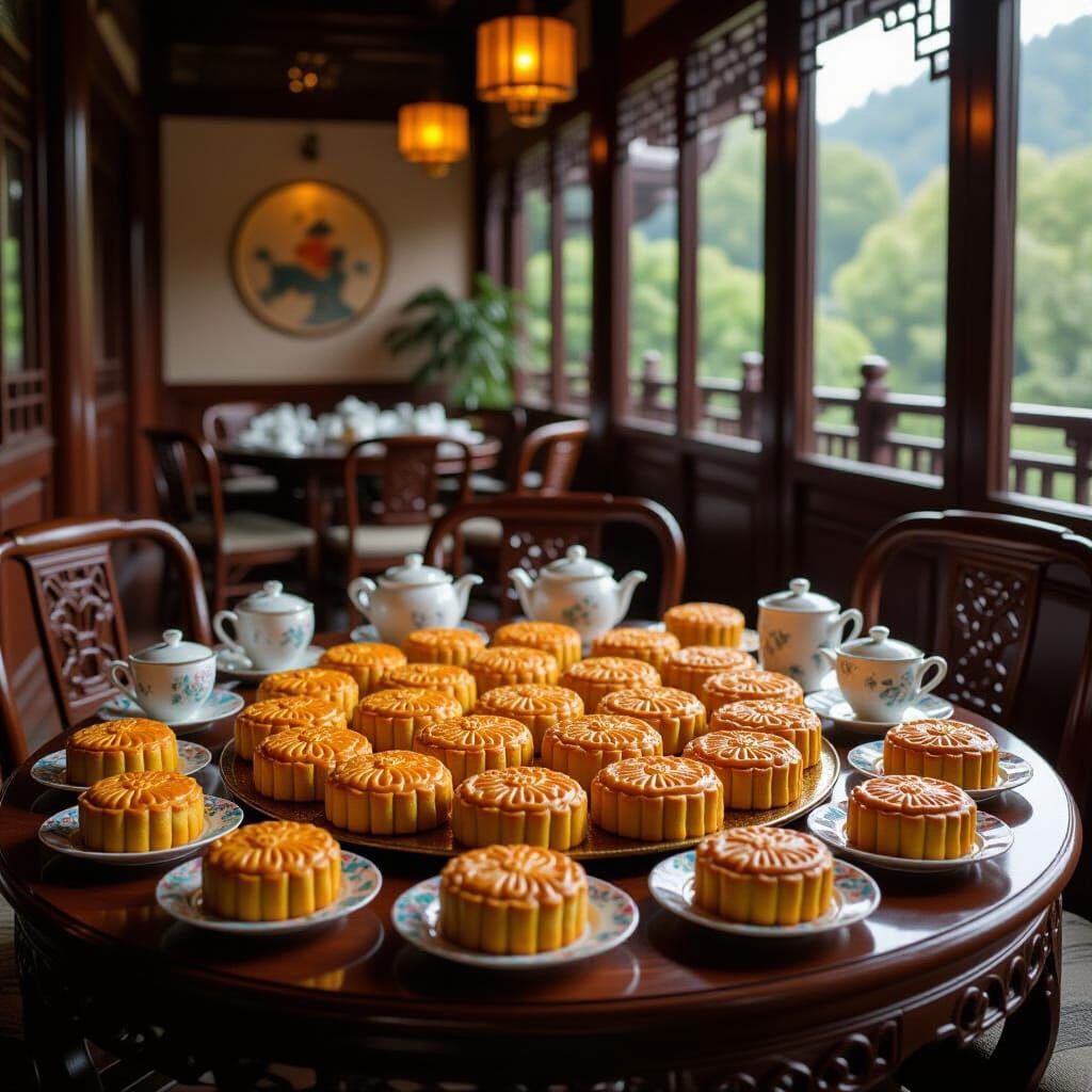 Beautiful Table Laden With Mooncakes in China