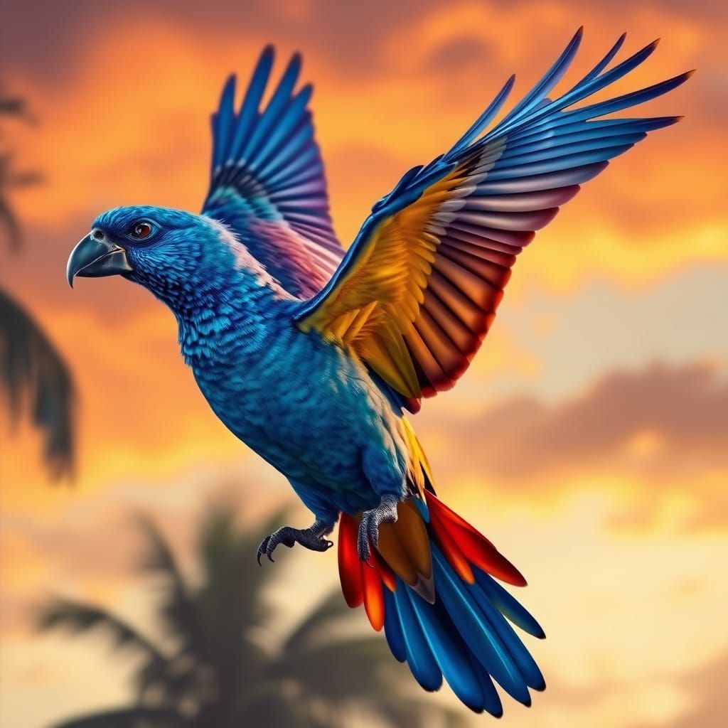 Blue McCaw in Flight at Dusk: A Photorealistic Image
