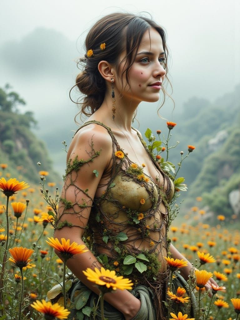 Worn Woman in Misty Landscape with Wildflowers