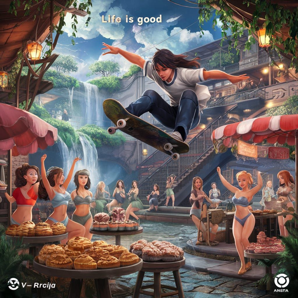 Skateboarder's Anime Jump Over Marketplace in 3D