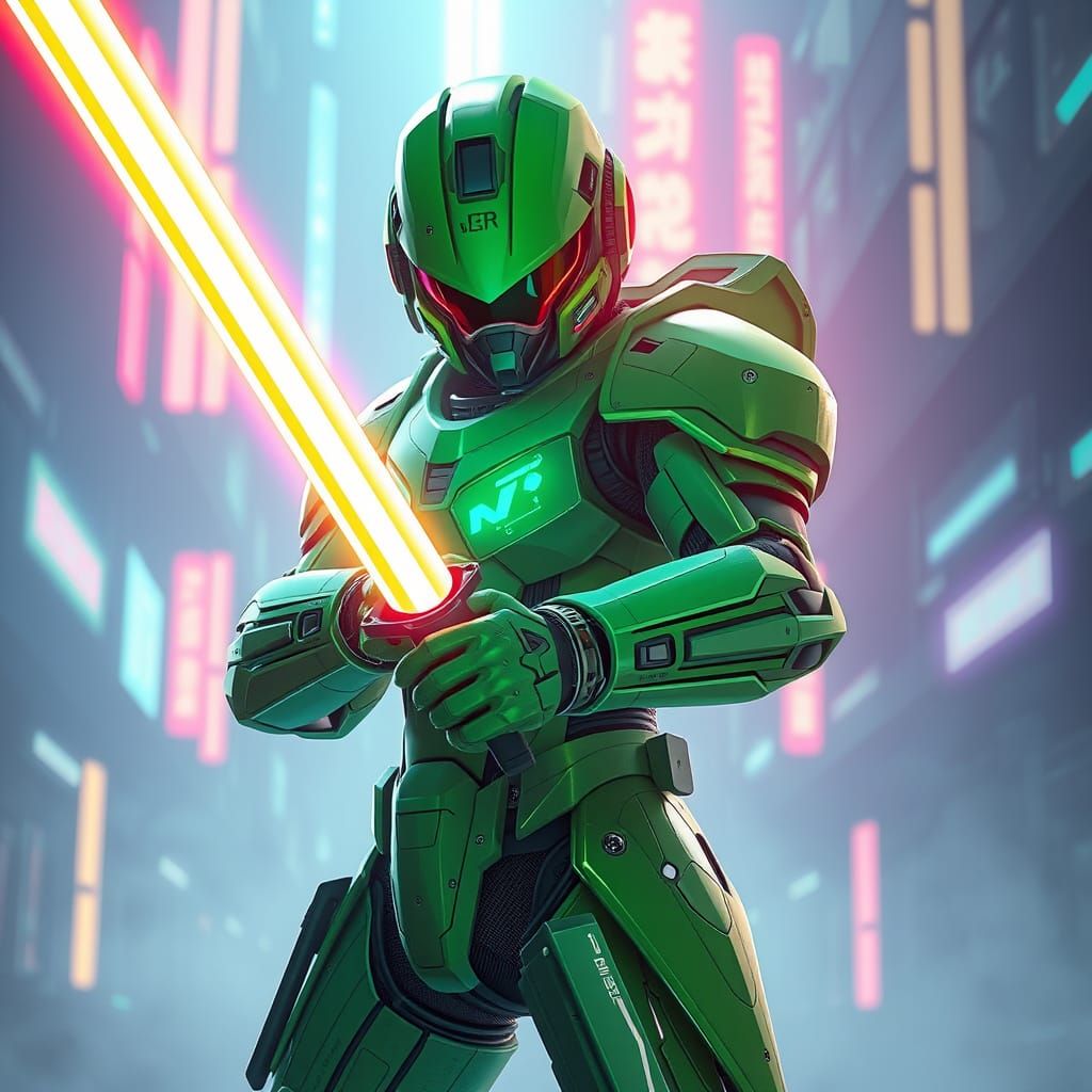 Cyberpunk Warrior in High-Tech Green Armor with Laser Swords