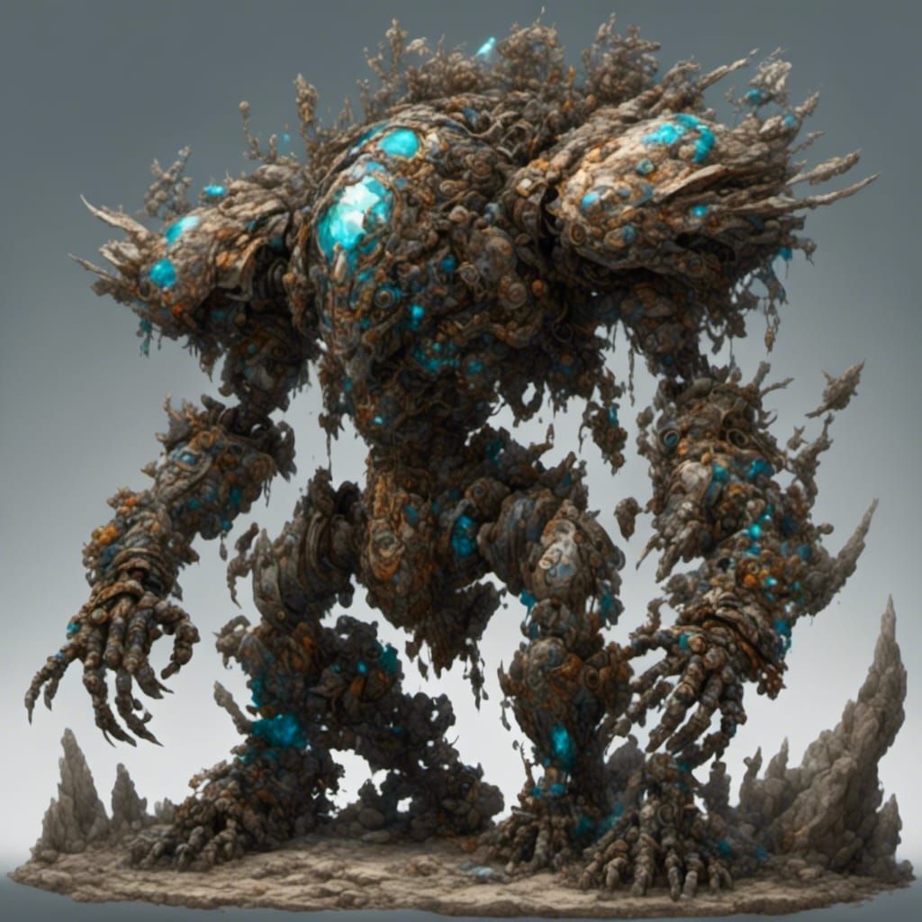 Hyperreal Mechanical Stone Golem in Dynamic Pose