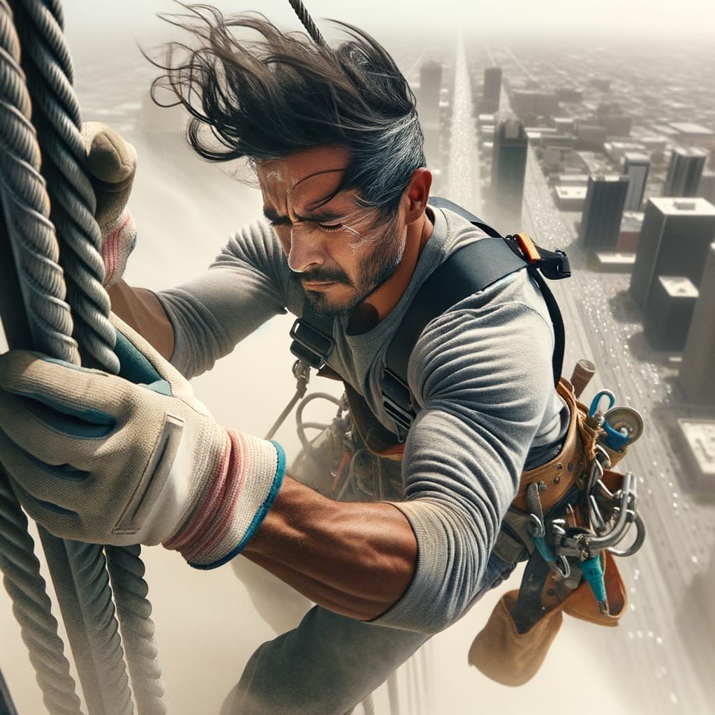 Hispanic Construction Worker Battling High Winds