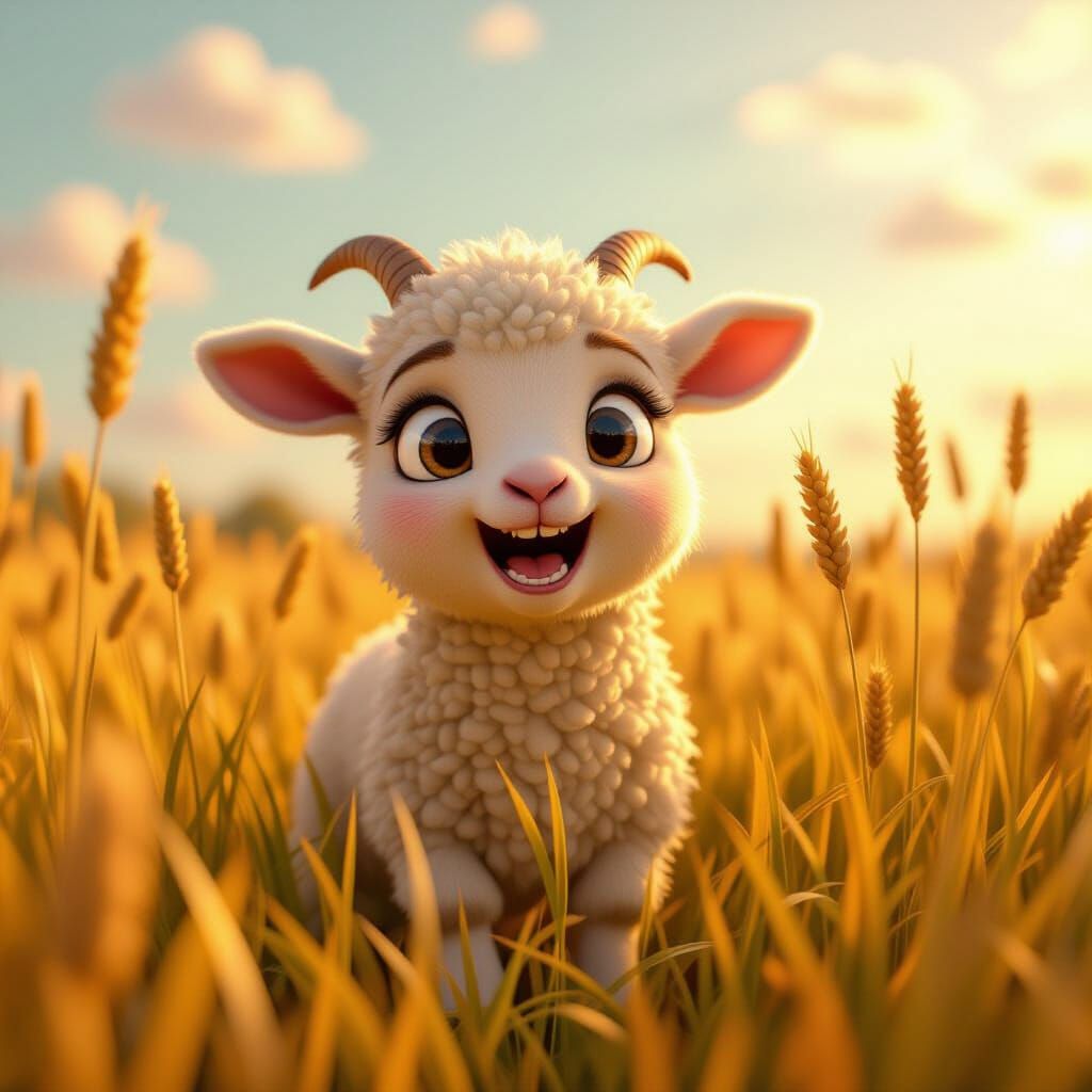 Terrified Lamb Hiding in Golden Grass: Pixar-Style 3D Art