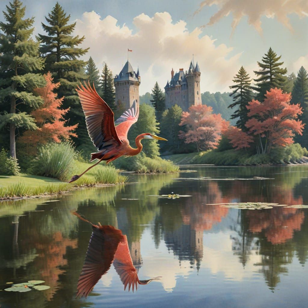 Red Heron Flies Over Lake Near Castle in Watercolor Style