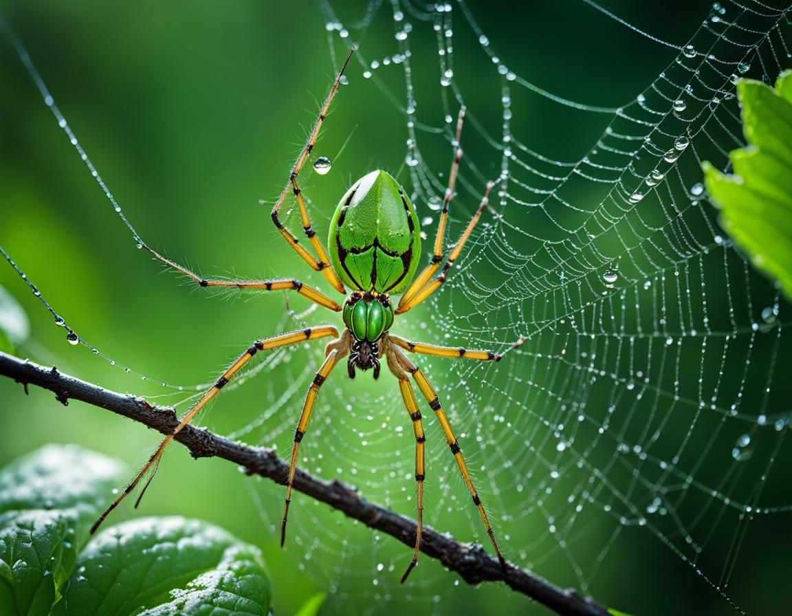 Green Lynx Spider Spins Web in Morning Light